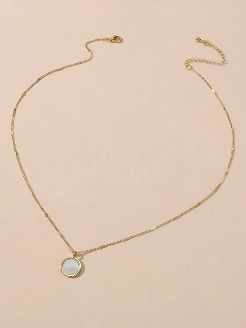 Gold Chain White Enamel Round Pendant Necklace