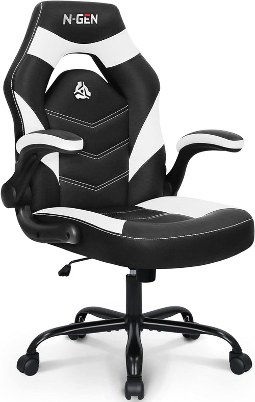 White Gaming Chair With Lumbar Support And Flip Up Arms