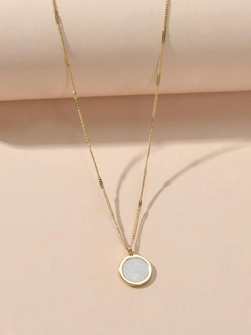 Gold Chain White Enamel Round Pendant Necklace