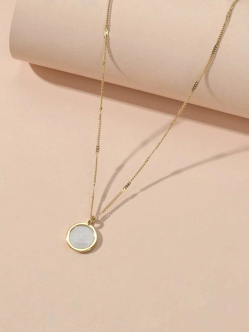 Gold Chain White Enamel Round Pendant Necklace