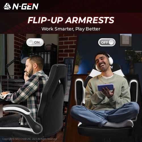 White Gaming Chair With Lumbar Support And Flip Up Arms