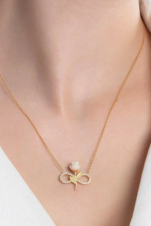 Silver Gold Plated White Rose Infinity Necklace Zircon