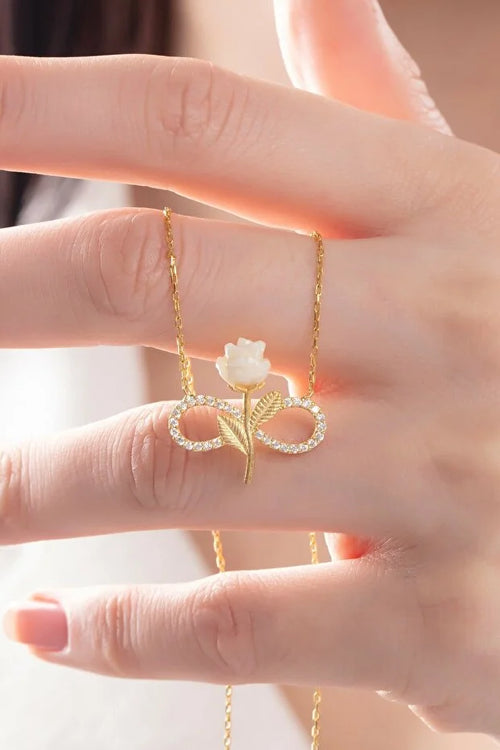 Silver Gold Plated White Rose Infinity Necklace Zircon