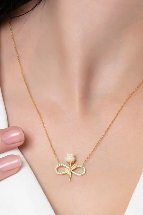 Silver Gold Plated White Rose Infinity Necklace Zircon